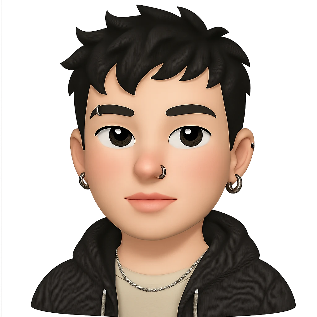 AI emoji avatar of a modern young man with short tousled black hair, fair flushed skin, pink lips, nose and eyebrow piercings, silver earrings, thin chain necklace, casual trendy outfit like hoodie or jacket over t-shirt, neutral confident look, soft cartoonish realistic style, focus on face and accessories emoji