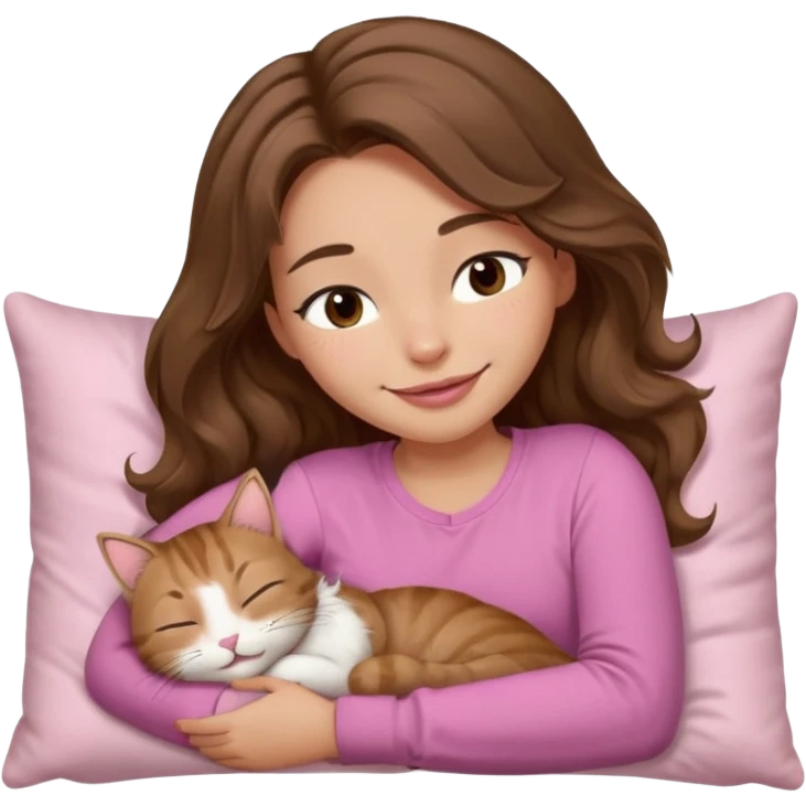 girl with wavy long brown hair, brown eyes, light to medium complexion, long lashes, light pink lipstick, smiling, wearing light pink shirt, sleeping on a cozy pillow, with brown tabby cat  emoji
