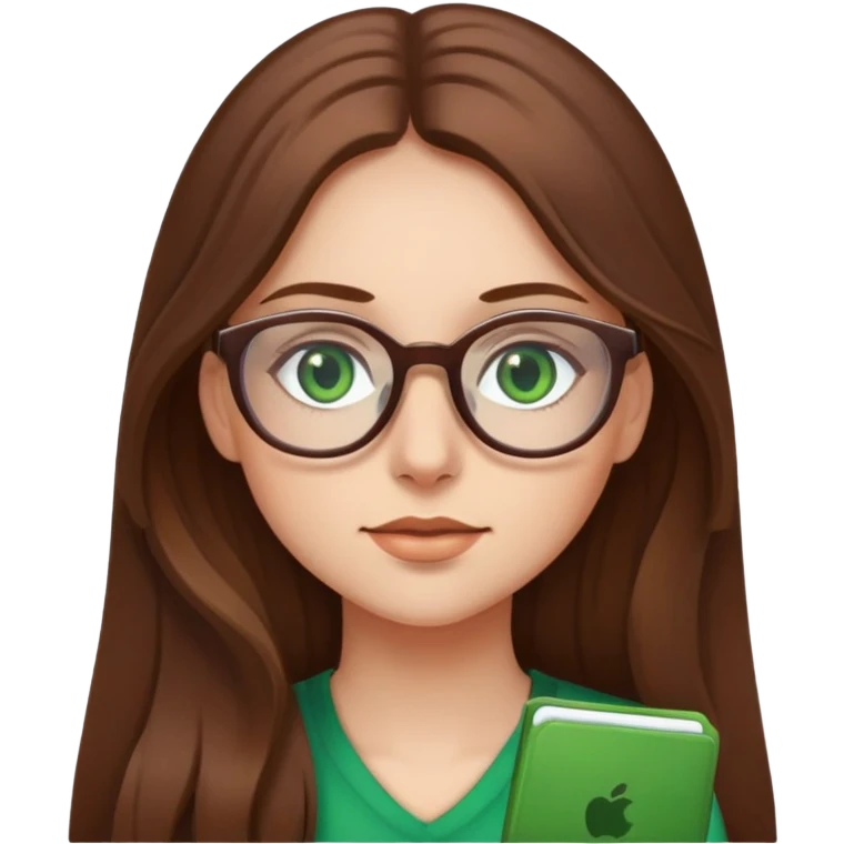 Girl long brown hair, green eyes, glasses emoji