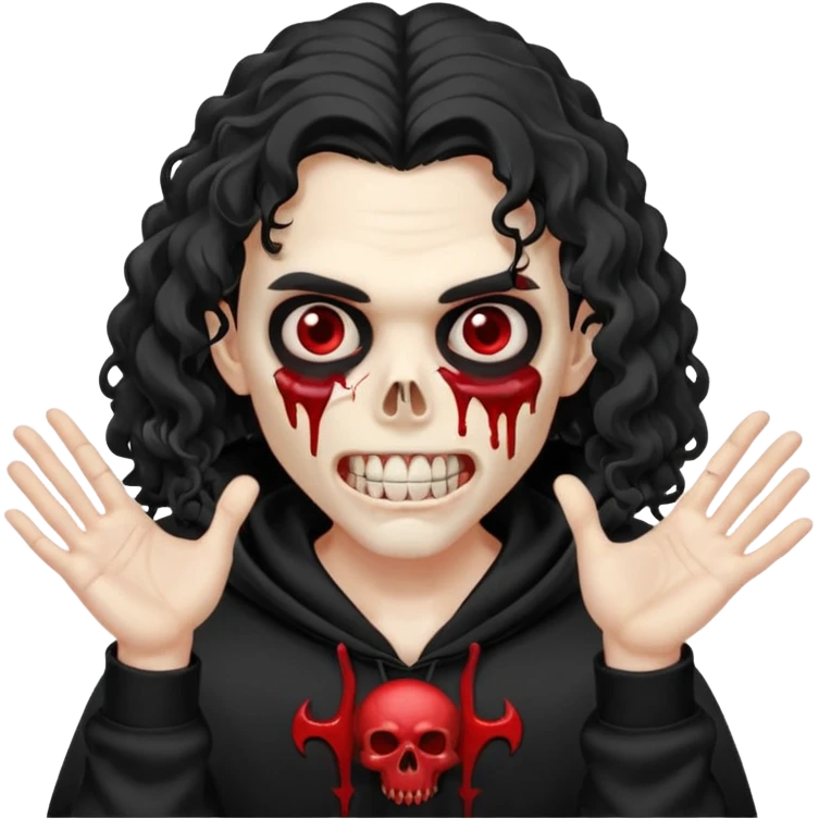 Vampire wearing a black hoodie with a skull logo on it, long curly hair that covers the forehead, fanged teeth and blood on hands emoji