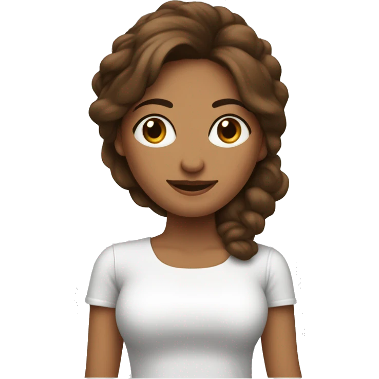 Mujer cabello marron liso a la altura de los hombros, blusa blanca con piel morena, laptop y teléfono en mano  emoji