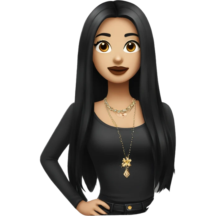 girl with long black hair with brown eyes plump lips with long eyelashes in a black top and jewelry on her neck emoji
