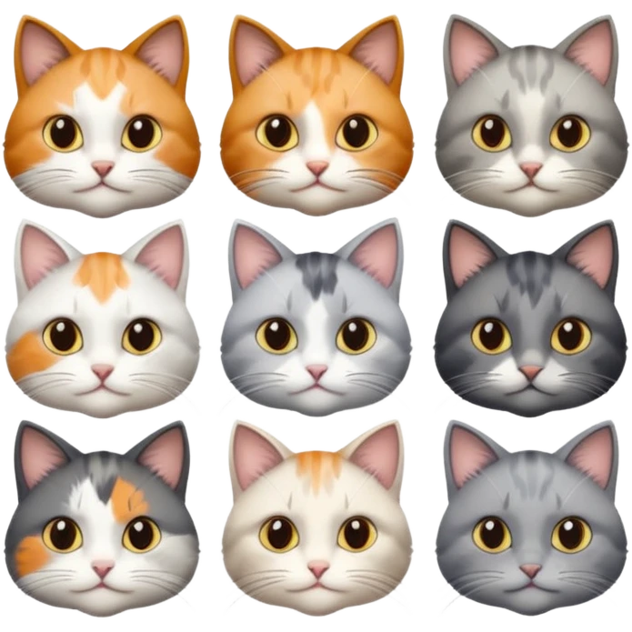 6 realistic looking cats with different natural coloured coats, assorted grey and white, greys, calico colours etc
 emoji