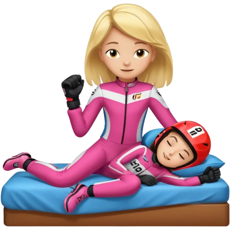 ten-year-old girl in a racing suit, racing shoes and racing gloves with no helmet, unzipped, sleeping on a bed happily, flat-chested and prepubescent emoji