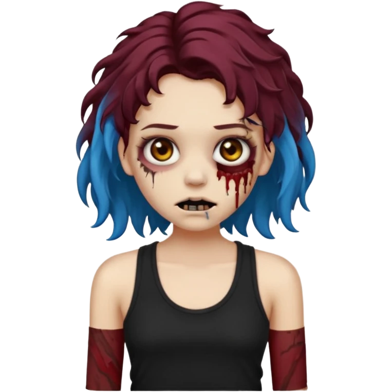 Crie um emoji de uma garota zumbi, como esta: "🧟‍♀️'. Porém invés da camiseta, uma regata fina e de cor preta, os cabelos loiros escuros na altura do ombro e picotado, liso na raiz e cacheado nas pontas, com mechas azuis na frente e a parte de trás pintada de vermelho vinho emoji