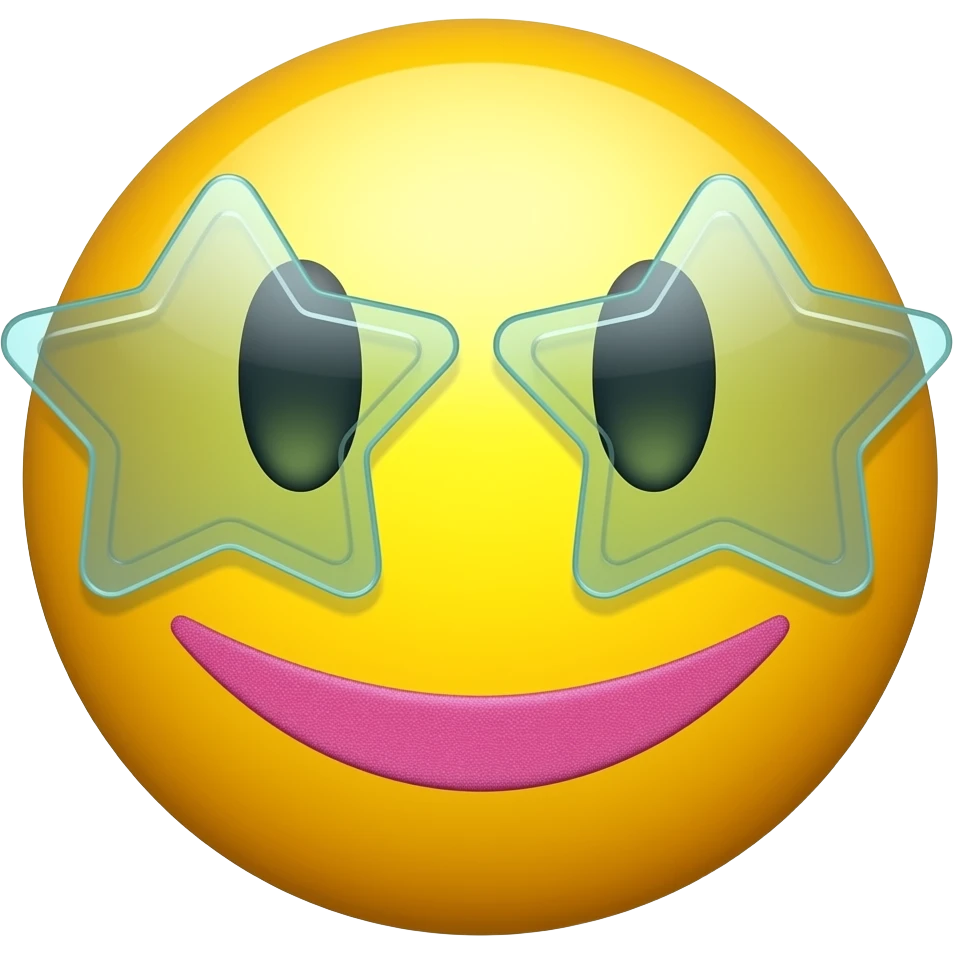 smiley face emoji with see through sunglasses star shapedand bright pink sparkley thin lips yellow circle emoji face emoji