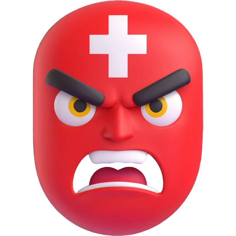 an angry Swiss flag with animated angry face features, 3D emoji style emoji