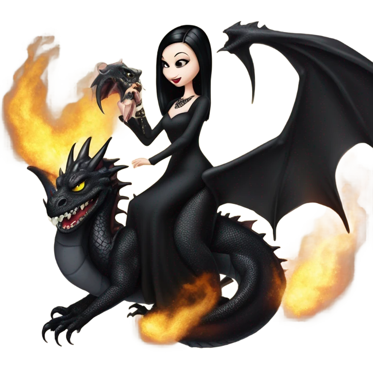 Victorian evening dressed, real Teen Morticia Addams Jedi wearing a mini tiara, riding on the back of a very large black shiny evil-looking fire-spewing horned dragon emoji
