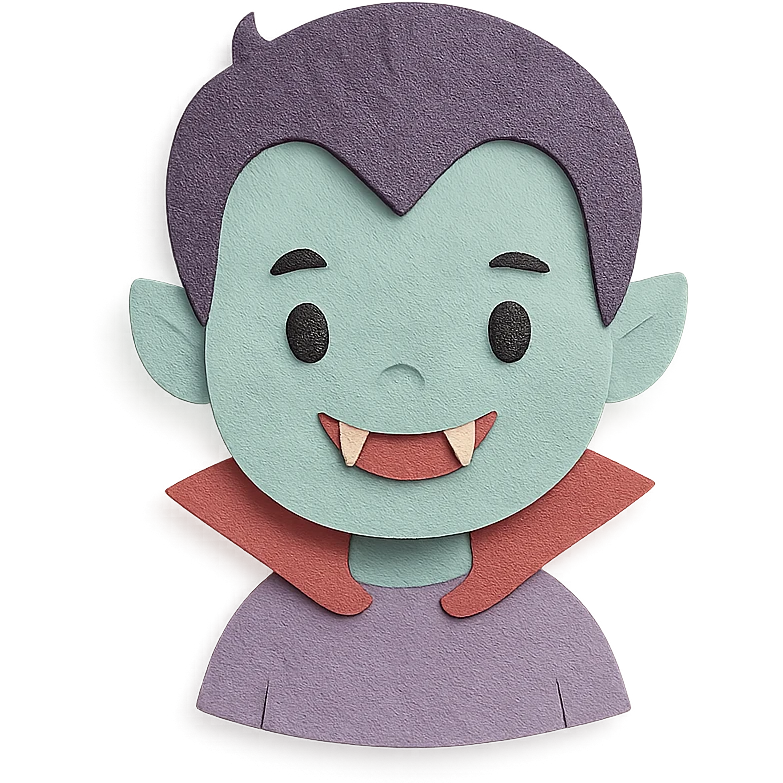 scary cute boy character, pastel colors, fangs, friendly expression emoji