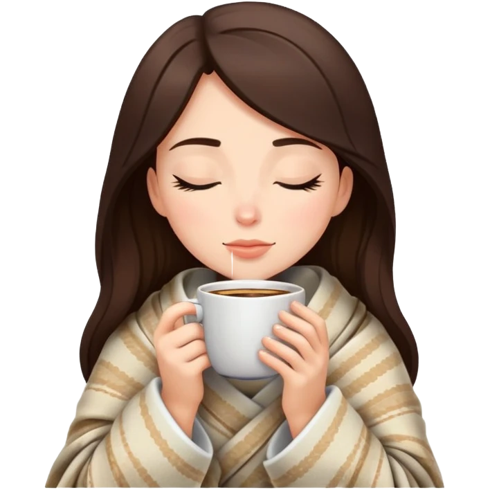 Brunette girl wrapped in cozy blanket sipping hot coffee with eyes closed emoji