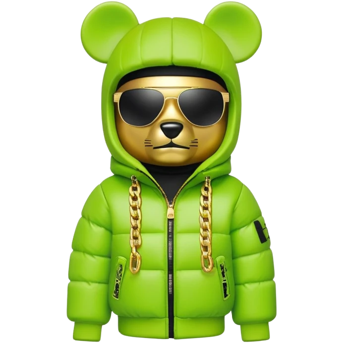 bearbrick toy with cubic head wearing a lime green balaclava with graffiti logos, wide single-piece visor sunglasses spanning entire face width, not divided for eyes, oversized puffy jacket with fur hood, gold chains emoji