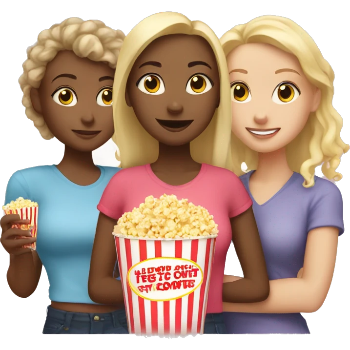 2 blonde girls and 1 mixed race girl in the middle watching movie with popcorn emoji