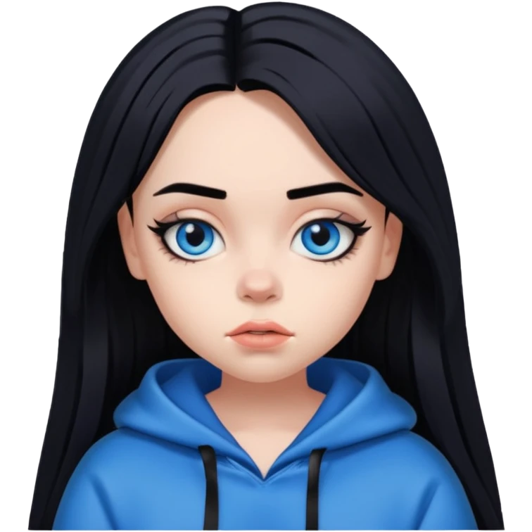 billie eilish as pretty bratz baddie, sharp black eyeliner, black hair, blue eyes emoji