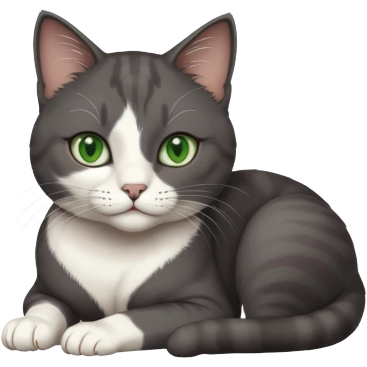 beautiful female solid dark grey cat with green eyes, white toes/paws and white patch on her chest lying down emoji
