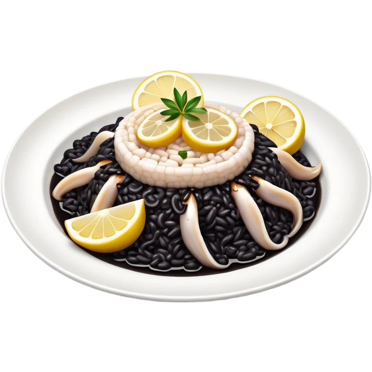 cinematic-realistic-black-risotto-dish,-showcasing-lagre squid pieces-rendered-with-bold-textures-and-dynamic,-dramatic-lighting in a white plate with a single slice of grilled lemon on top emoji