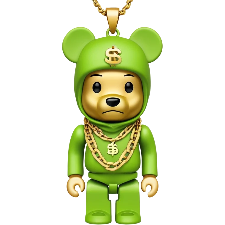 bearbrick with cube head in lime green balaclava tagged with multiple logos in graffiti style, wearing stacked gold chains, gold dollar sign pendant, luxury hip hop look emoji