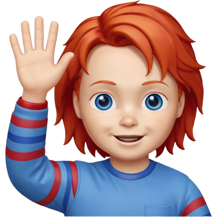 Can you create an emote for me referencing the Chucky character, with a happy and cute expression, that's waving emoji