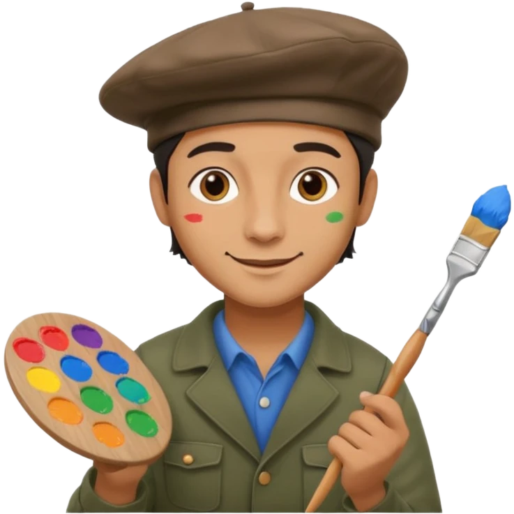 professional painter man wearing a beret holding a paintbrush with a paint palette cheerful expression emoji