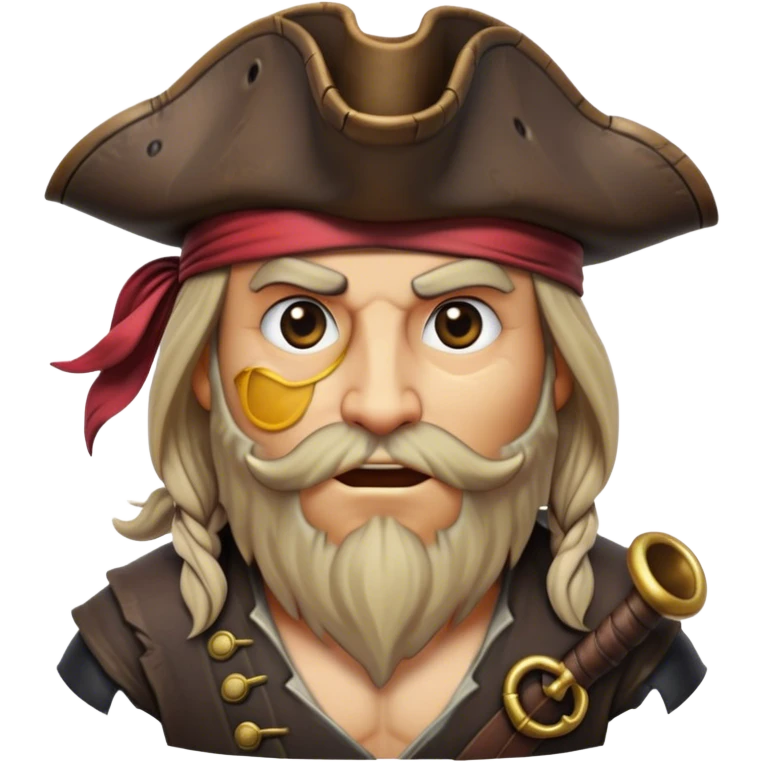 Clash of Clans aesthetic friendly Pirate Portrait Emoji, With a rugged yet stylized build featuring a weathered tricorn hat, a bold eye patch, and a determined, adventurous gaze, his face rendered in a natural skin tone (not yellow), Simplified yet sharply defined features, highly detailed, glowing with a cool, briny radiance, high shine, intelligent and daring, stylized with an air of swashbuckling nautical authority, focused and resolute, soft glowing outline, capturing the essence of a confident pirate ready to set sail on epic adventures! emoji