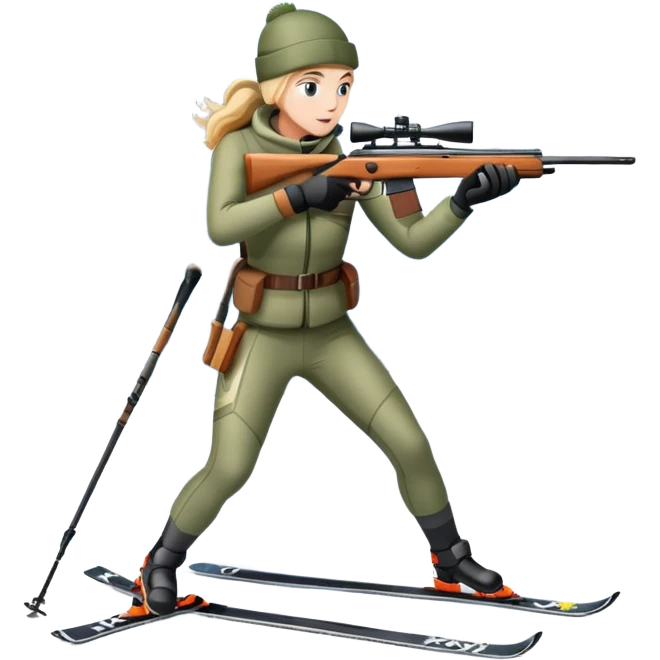 An icon showing a snowy landscape with pine trees, mountains, and a clear sky with a biathlete aiming a rifle in the foreground, wearing winter gear and skis. Transparent background emphasizes the precision, endurance, and beauty of this winter sport. emoji