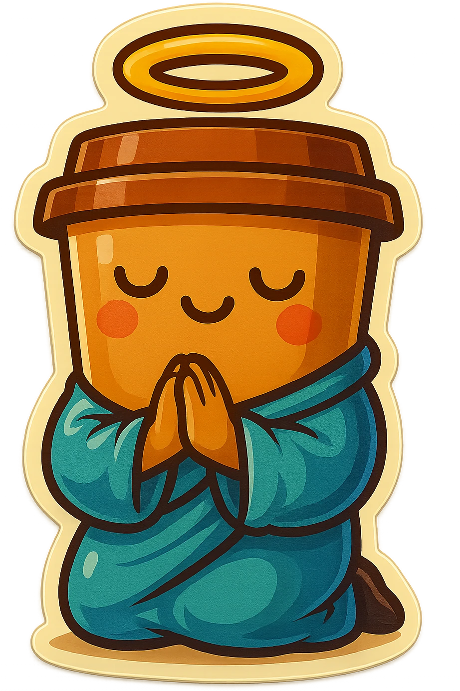Tall coffee cup, bowing on knees, praying, worship, wearing soft blue monk robes, halo emoji