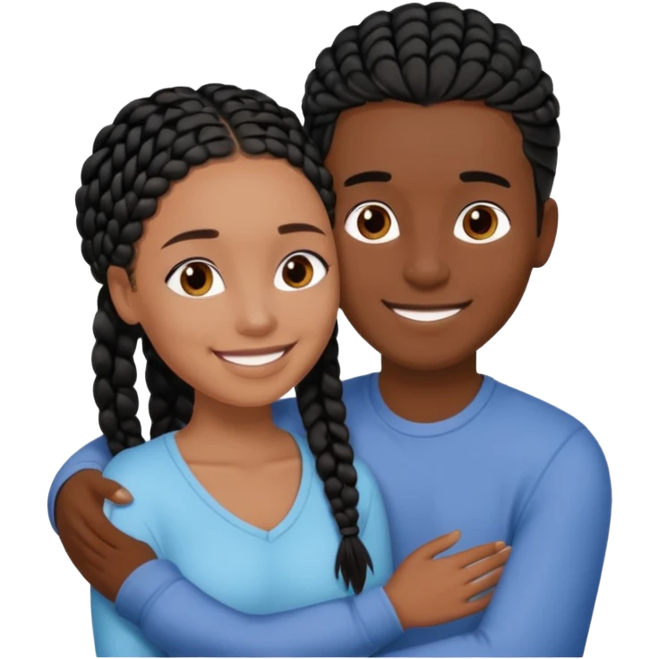 Dark black girl with black braids, smiling, and embracing her tan white boyfriend with straight brown hair emoji