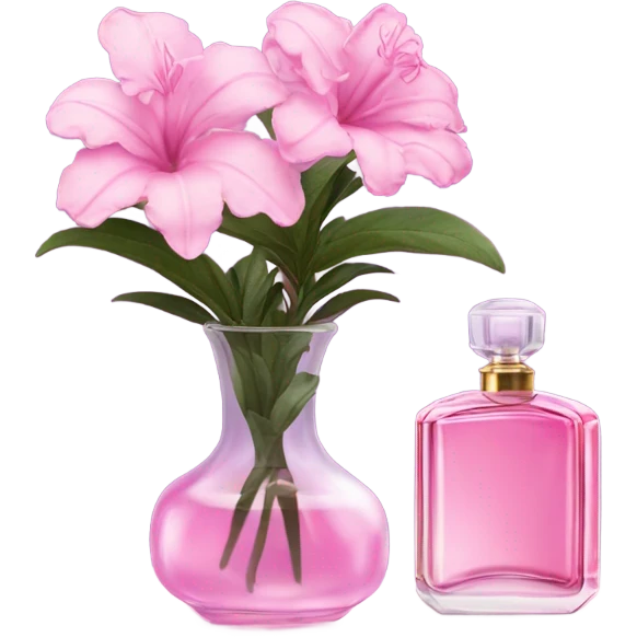 Aesthetic ensemble of soft pink azaleas alongside a charming vintage purple perfume bottle.
 emoji
