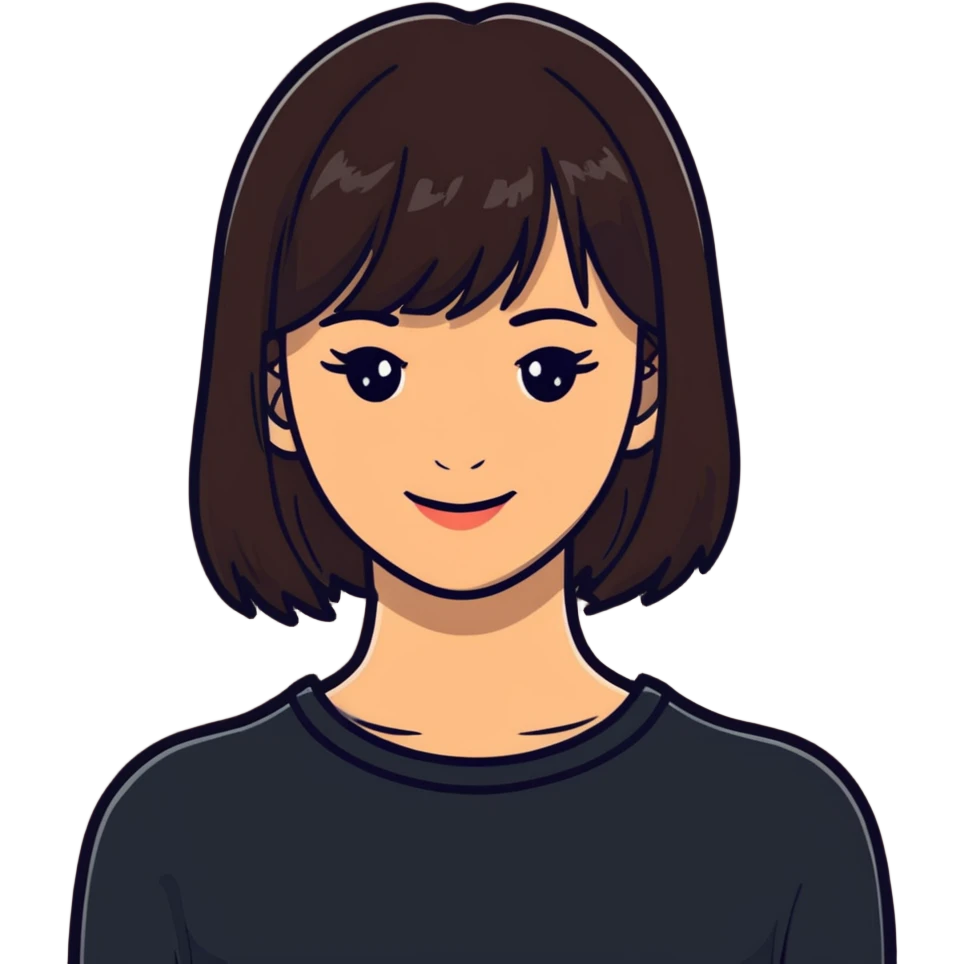 Pretty woman with dark brown bangs, subtle makeup, warm smile emoji