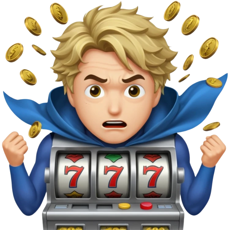 disheveled super hero losing money at a slot machine, panicked face, coins flying emoji