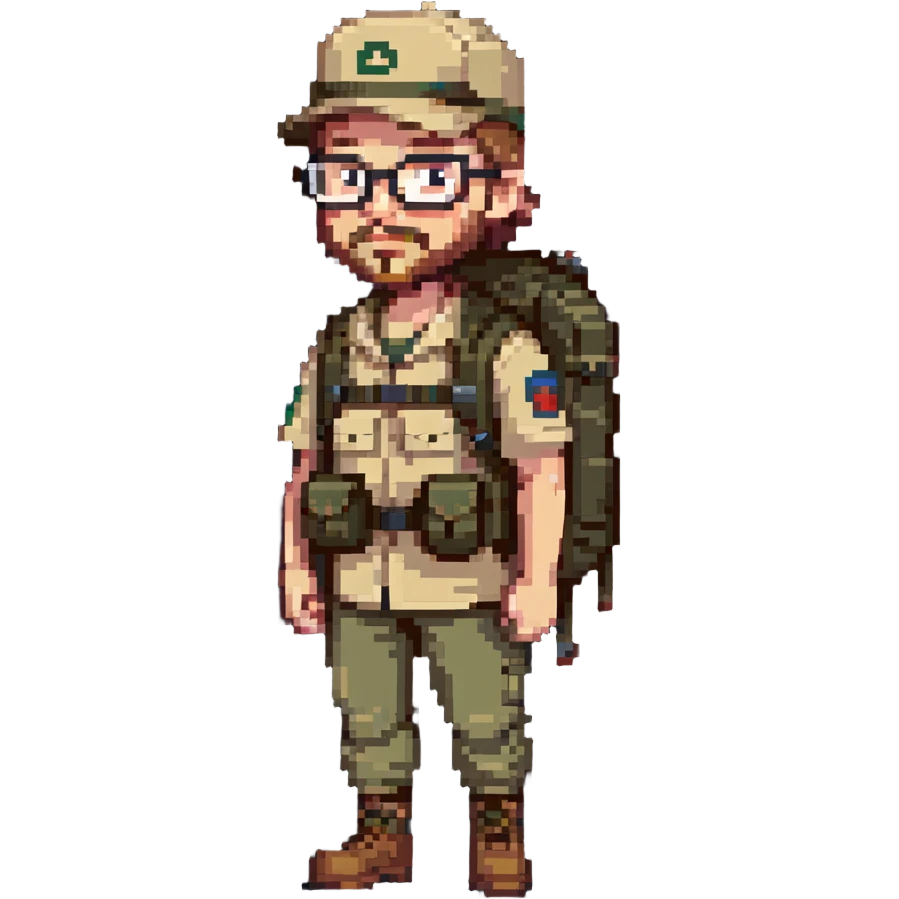 adventurer with goatee beard (no beard on cheeks), short hair, glasses, backwards military tan cap and backpack emoji