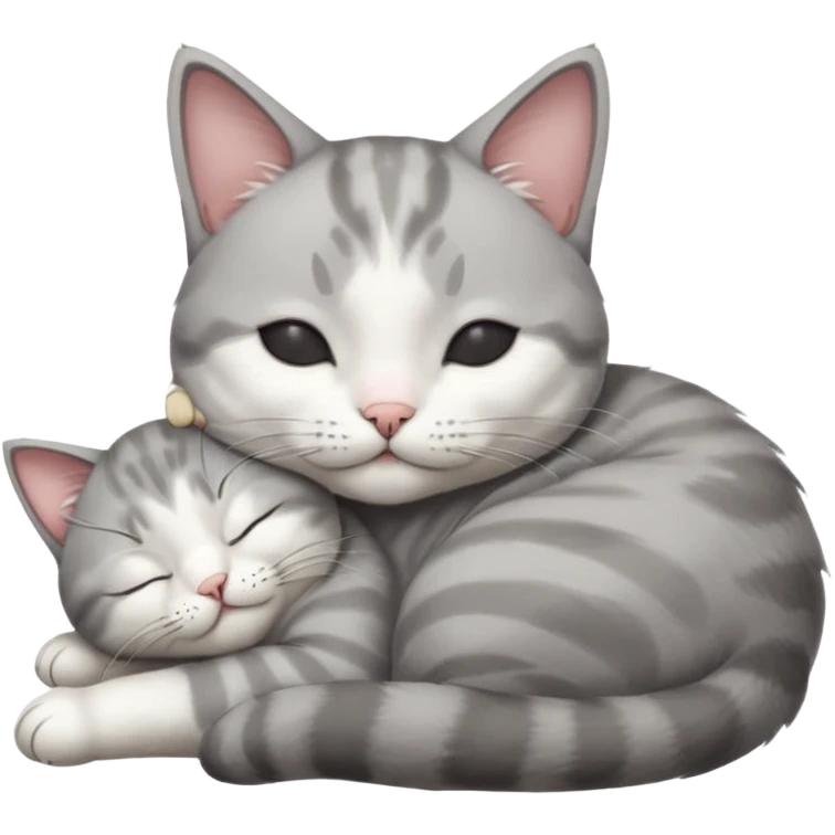 grey and white small cat with its eyes closed lying down leaning on his elbow with his paw curled under his head holding it up emoji