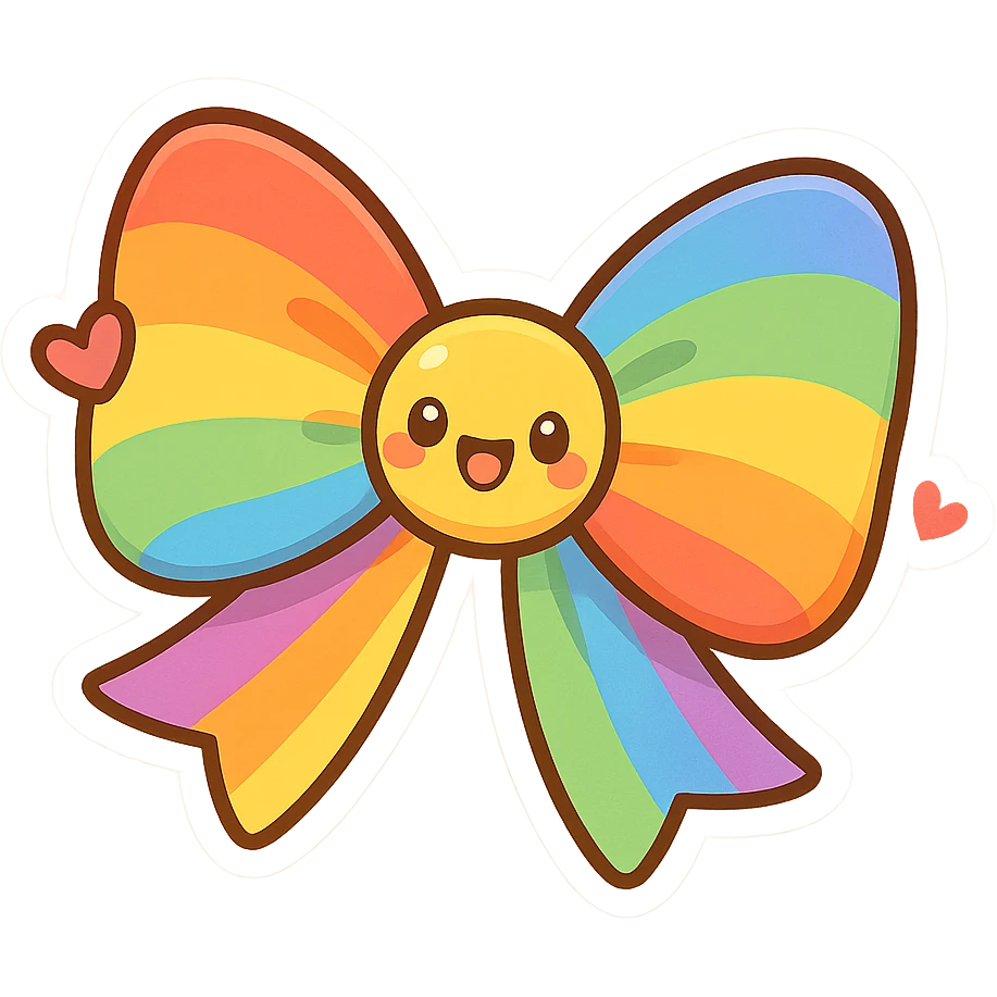 chibi style bow, rainbow colors, playful, cheerful, cartoon style, heart motif emoji