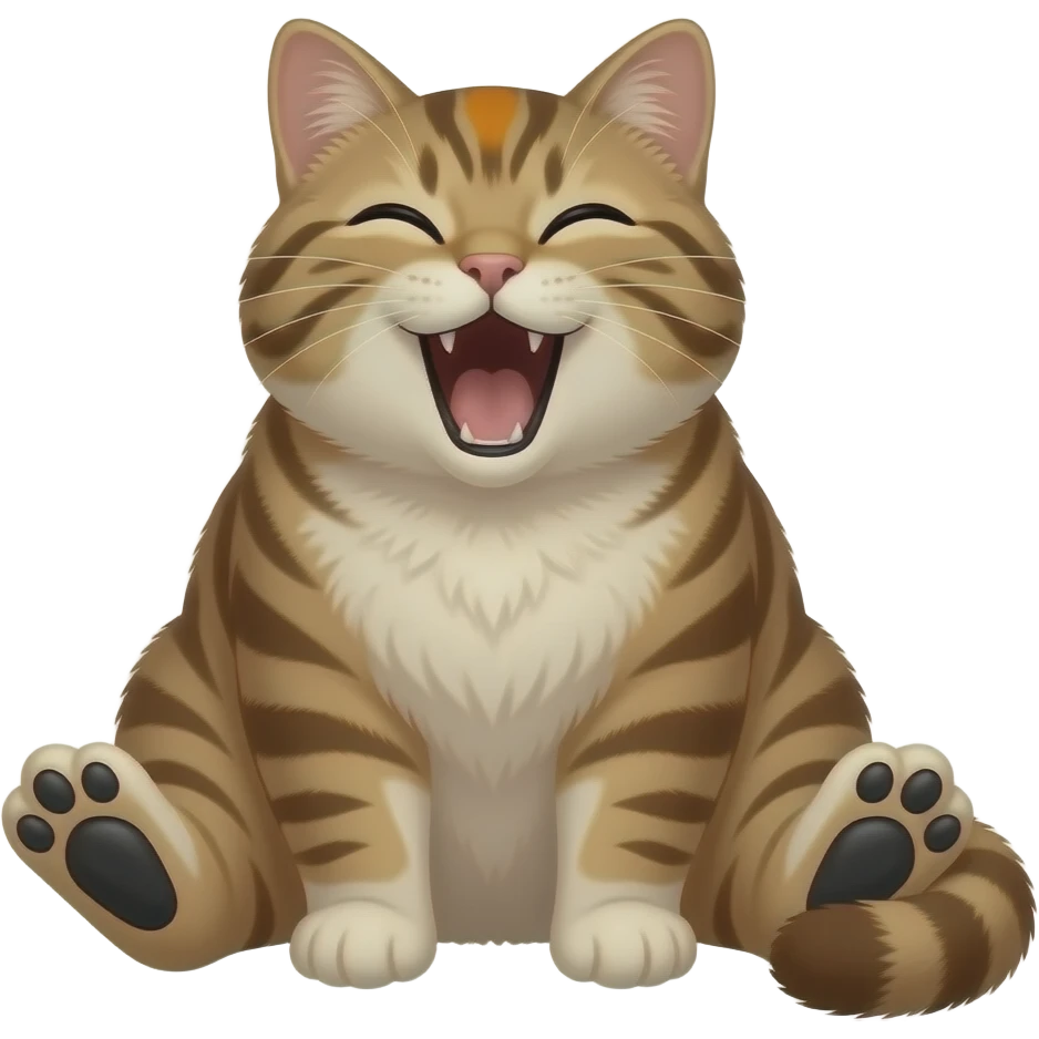 Fat Brown and cream color tabby cat with orange spot on forehead. Sitting like a person with black toebeans showing. Yawning with zzz over head emoji