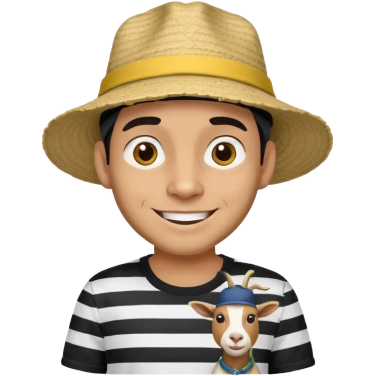 A happy fair skinned Colombian man with a goat tee wearing a Colombian hat that has black horizontal stripes on it emoji