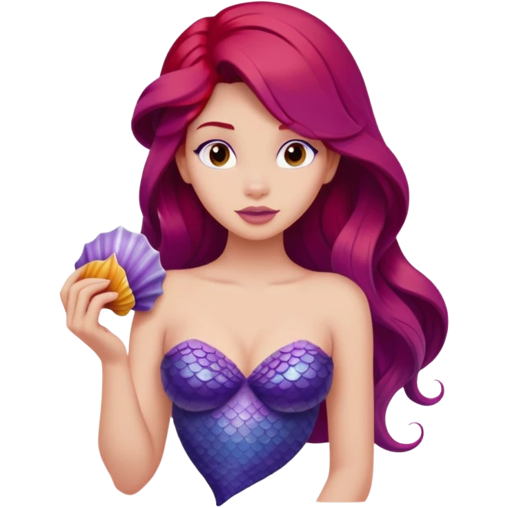 Ariel mermaid from waist up, purple seashell top, long red hair, minimal style but clearly recognizable emoji
