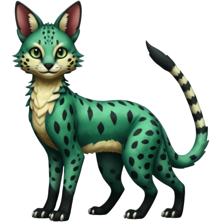 Epic complex detailed dark-hunter-green, black, realistic aesthetic-scenic-Fakémon-Sprigatito-Floragato-Meowscarada-Trico-Sergal-Serval-Vernid-creature (full body) emoji