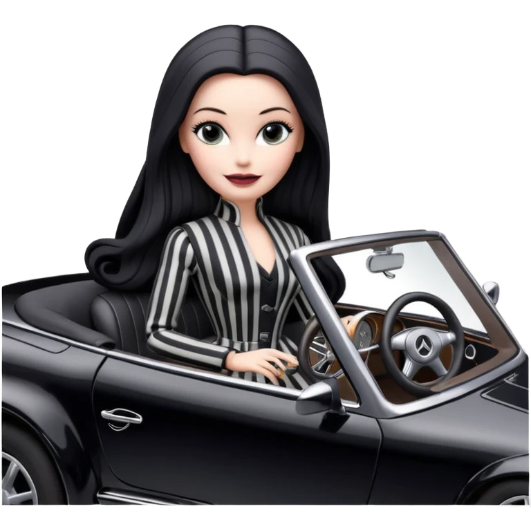 Darth Vader Barbie, 1910 teen Morticia Addams from academy, in dark-gray and black striped outfit. Smiling Driving Mercedes convertible sports car. Pale-white porcelain skin.  emoji