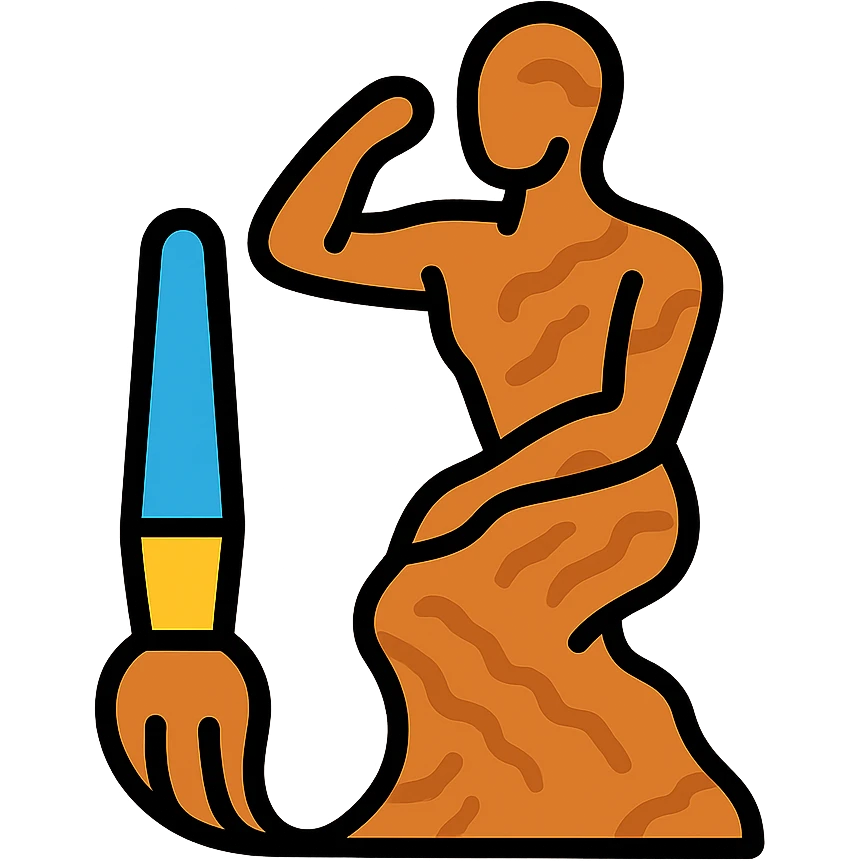 A paintbrush transforming into a bronze metallic human figure sculpture, artistic identity symbol, with sculptural texture emoji