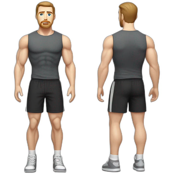 Full height Pale skinned muscular man With Realistic eyes and mouth, light brown hair and stubble In dark gray sleeveless mike, black oversize sports shorts, watch and white sneakers. emoji