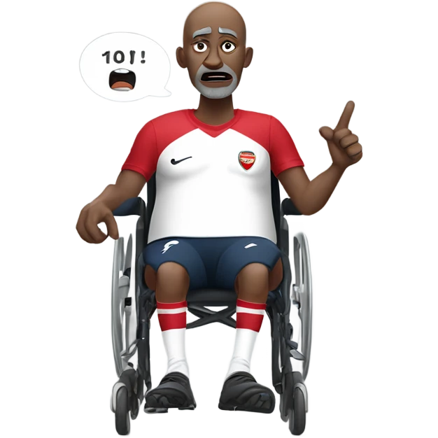 old black bald man with a round belly in wheelchair. angry face. grey stubble. he is pointing finger in front. wearing Arsenal soccer shirt. a speech bubble with the word: "Mojdeh!" emoji