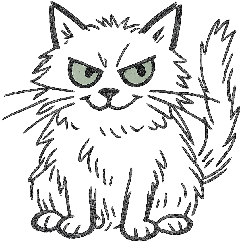 grey fluffy mischievous cat with green eyes, hand drawn icon style emoji