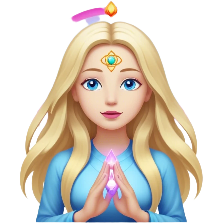 Cinematic realistic blonde with long hair, blue eyes and pink lips, meditating, her seven chakras glowing emoji