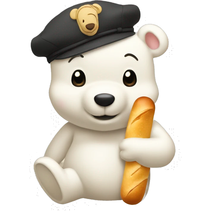 white winnie the pooh, parisien style with beret on hair and baguette on arms emoji
