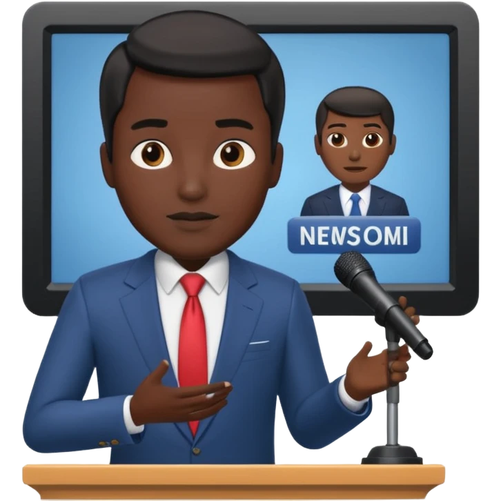 news anchor black skin man, with a screen with a prompter in front of her emoji