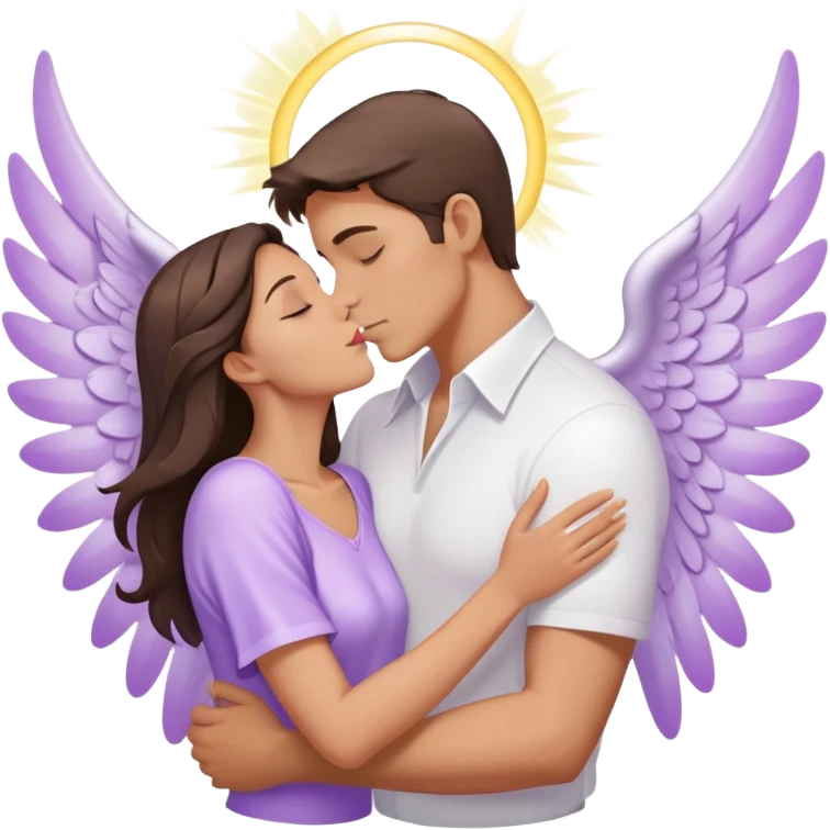 White brunette man human with rays of light Heart kisses a pastel purple angel woman emoji