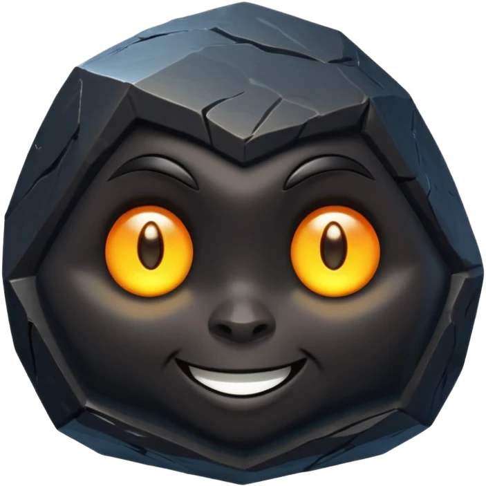 Single black obsidian rock character, thick and heavy with sharp facets and subtle reflections, carved cute face with glowing round eyes and a small smile, 3D render, high detail, soft backlighting, isolated on a plain dark background. emoji