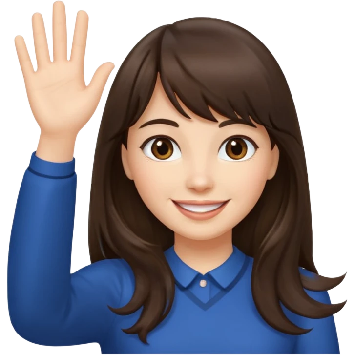 brunette woman with bangs and long hair waving, smiling emoji