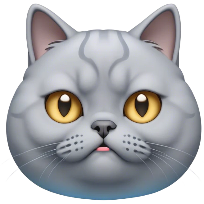 Cinematic Comical Grey British Shorthair Cat Portrait Emoji, Head tilted with a scrunched, grumpy expression, sleek soft grey fur with subtle blue undertones, Simplified yet sharp features, highly detailed, glowing with a slightly sarcastic glow, high shine, poised but with a comically displeased demeanor, stylized with an air of playful disdain, focused yet unimpressed, soft glowing outline, capturing the essence of a grumpy yet endearing kitty, so lifelike it feels like it could give you an exaggerated sigh and a disapproving stare at any moment! emoji