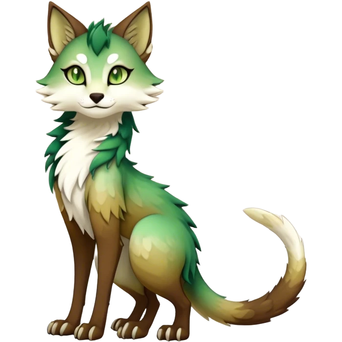 Kawaii dark edgy fantasy ethereal feline-vernid-sergal-fursona animal creature with a tufted tail full body, brown fur, with gradient beige-white intricate markings, hazel-gold-green eyes emoji