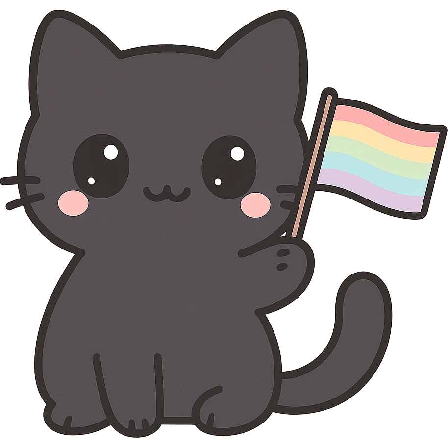 black cat with LGBT flag, kawaii style emoji